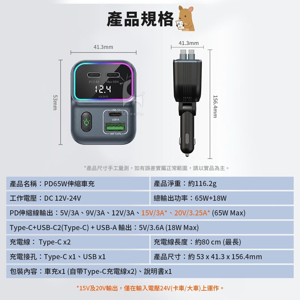 PD65W伸縮車充 點菸擴充 自帶雙TC線  多合一伸縮車用充電器 車用充電座  電壓顯示車充 PD快充 氣氛燈-細節圖10