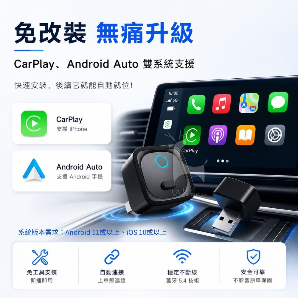 車用無線轉接器 CarPlay / Android Auto通用 有線轉無線 安卓蘋果支援 導航 通話 音樂-細節圖3
