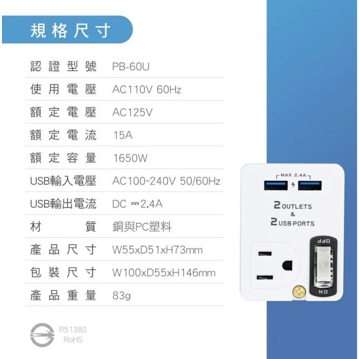 【實體店面公司貨 附發票】KINYO 雙USB+2插節能分接插座 (UR-0565) 插座 安全 自動辨識IC設計-細節圖2