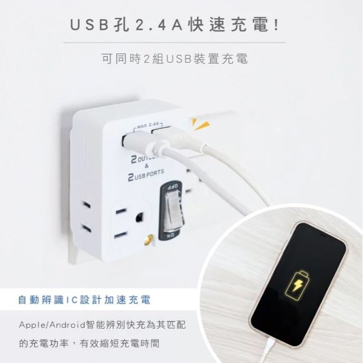 【實體店面公司貨 附發票】KINYO 雙USB+2插節能分接插座 (UR-0565) 插座 安全 自動辨識IC設計-細節圖5