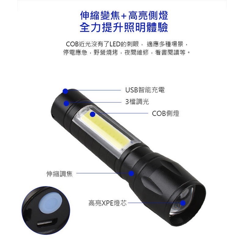 【實體店面現貨】迷你充電手電筒 COB手電筒 USB充電手電筒 COB 變焦手電筒 多功能手電筒 迷你手電筒-細節圖5