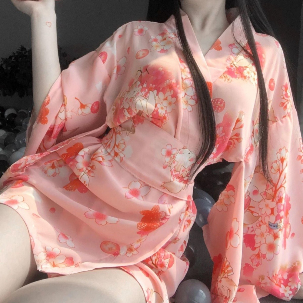 【實體店面現貨 附發票】日式印花粉色浴袍 浴衣 日式和服 性感 制服 誘惑 睡衣 角色扮演 5204-細節圖7