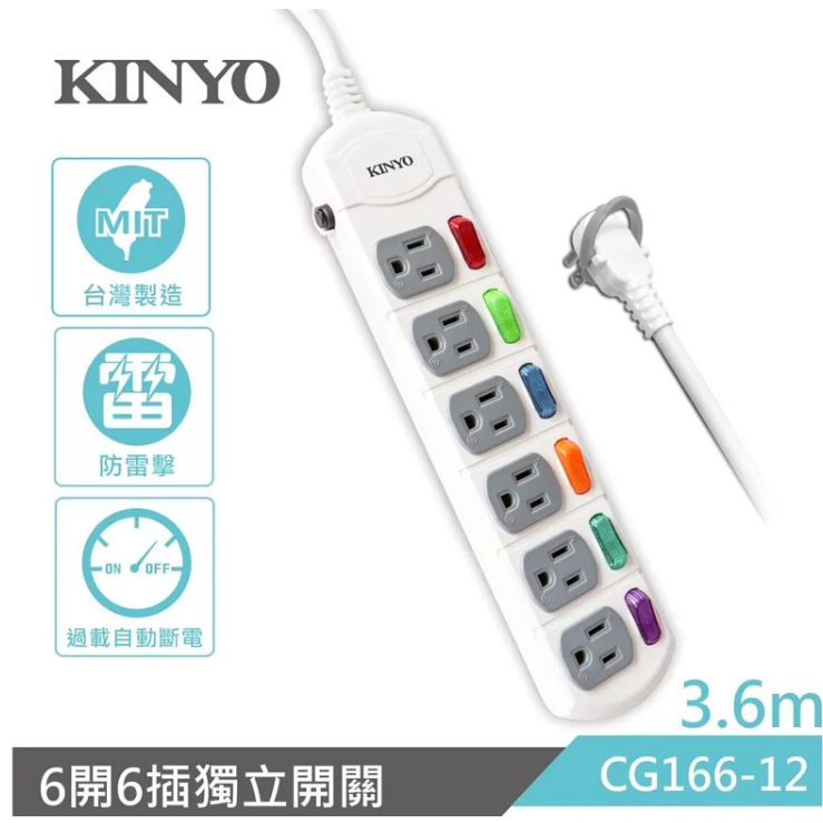 【實體店面公司貨 附發票】 KINYO 6開6插安全延長線 過載斷電 過載保護 三孔延長線 CG166-細節圖2