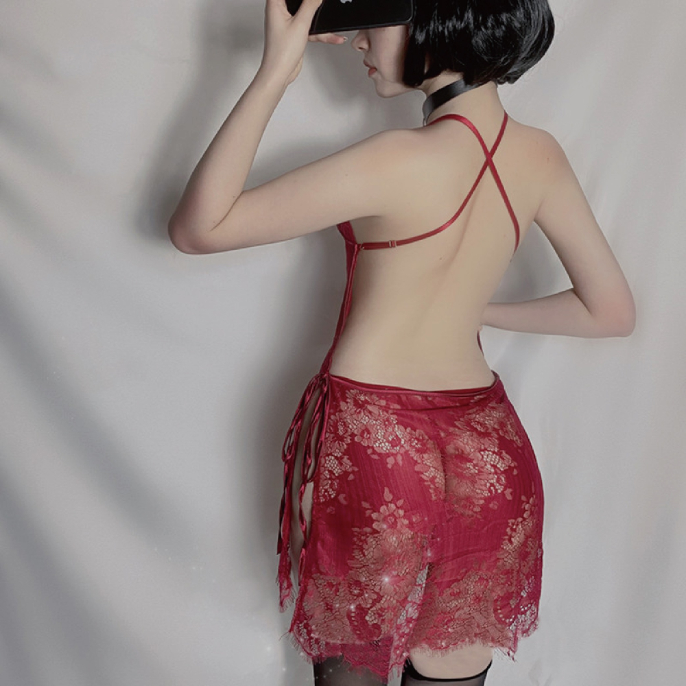 【實體店面現貨 附發票】性感蕾絲吊帶裙 露背 大碼 綁帶睡裙 制服 誘惑 透視 挑逗 睡衣 睡裙 B195-細節圖5