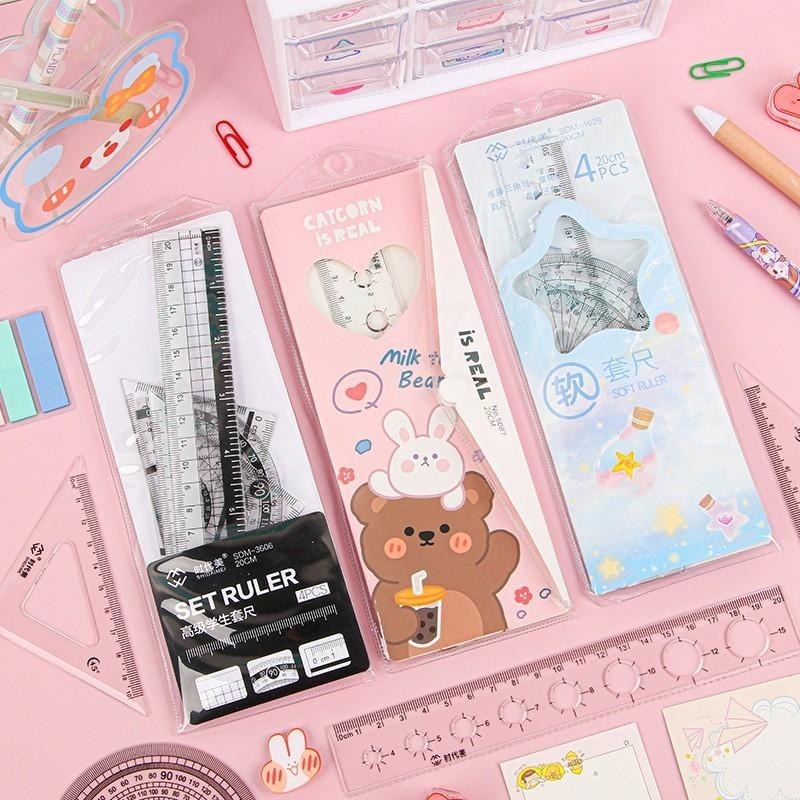 直尺 三角尺🔥平價現貨🔥量角器 三角板 直尺 半圓尺 20cm直尺 透明學生直尺 180度量角器 尺組四件裝-細節圖2