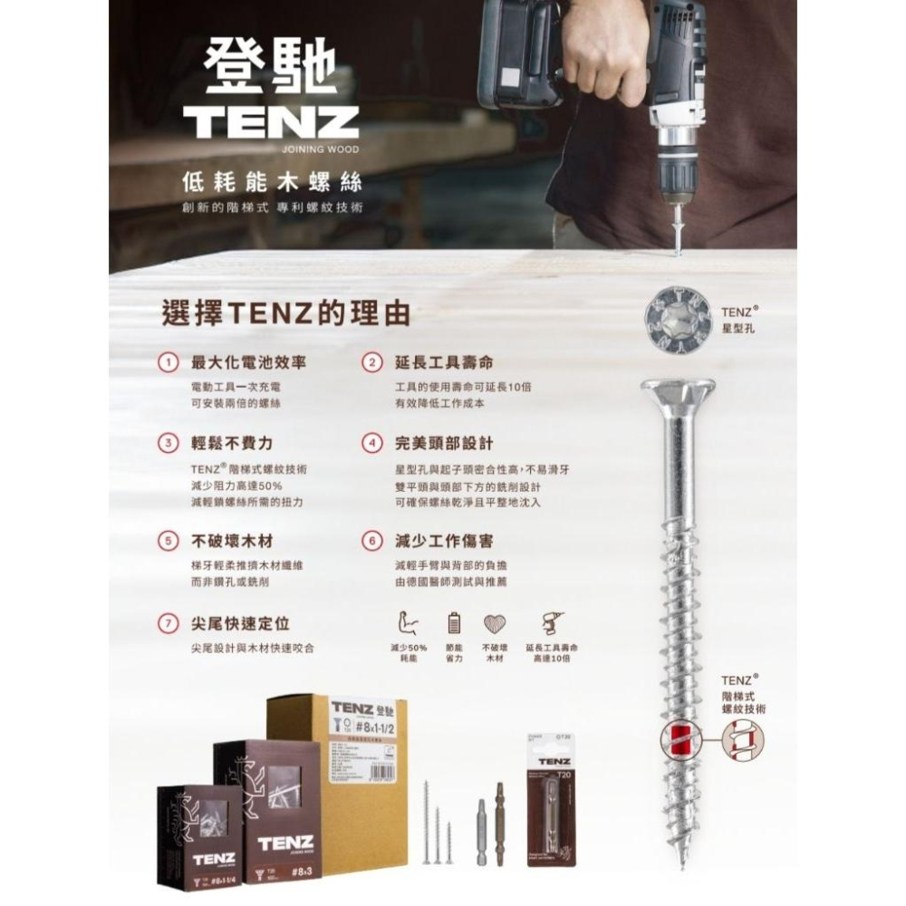 盒裝 木頭螺絲 螺絲 木工 木材 送星型起子頭 低耗能螺絲 登馳 TENZ 星型螺絲 木工螺絲 螺絲 職人 螺絲起子-細節圖3