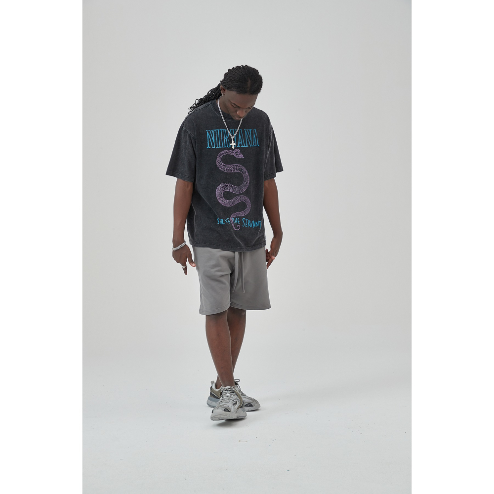 [HORMES] 5223 NIRVANA 蛇王 水洗 仿舊 數碼 短T 寬鬆 落肩 五分袖 蛇印花 復古Tee 短袖-細節圖2