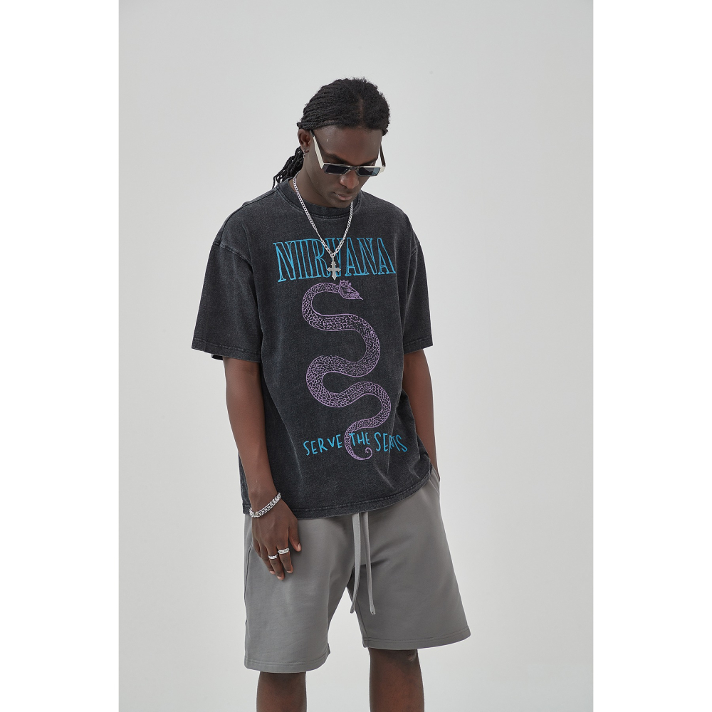 [HORMES] 5223 NIRVANA 蛇王 水洗 仿舊 數碼 短T 寬鬆 落肩 五分袖 蛇印花 復古Tee 短袖-細節圖5