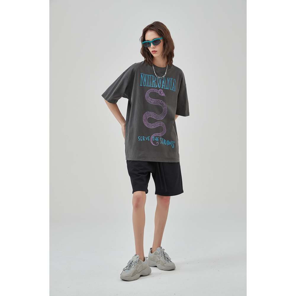 [HORMES] 5223 NIRVANA 蛇王 水洗 仿舊 數碼 短T 寬鬆 落肩 五分袖 蛇印花 復古Tee 短袖-細節圖6