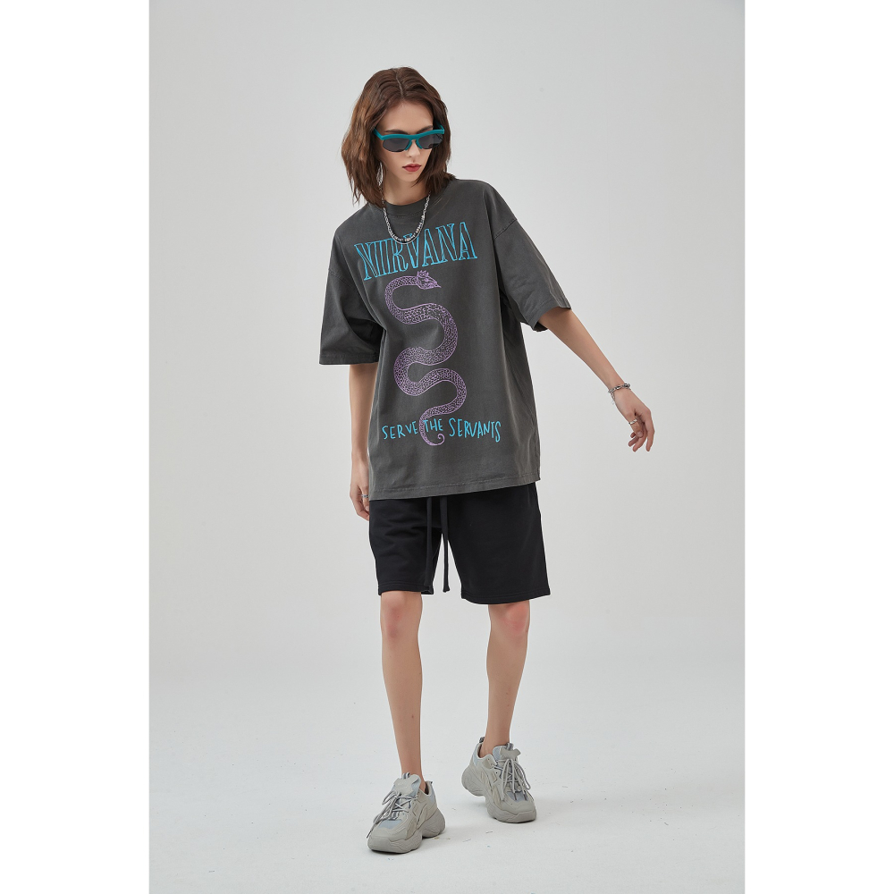 [HORMES] 5223 NIRVANA 蛇王 水洗 仿舊 數碼 短T 寬鬆 落肩 五分袖 蛇印花 復古Tee 短袖-細節圖7