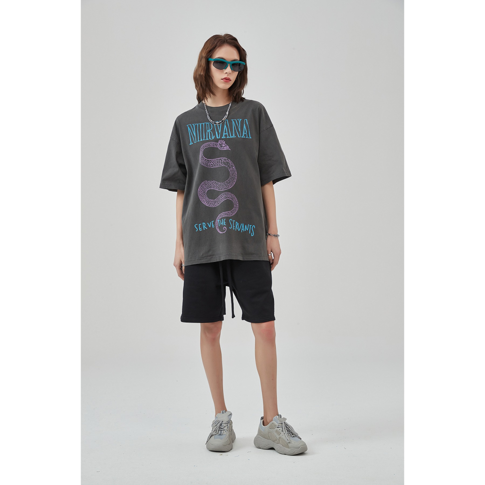 [HORMES] 5223 NIRVANA 蛇王 水洗 仿舊 數碼 短T 寬鬆 落肩 五分袖 蛇印花 復古Tee 短袖-細節圖8