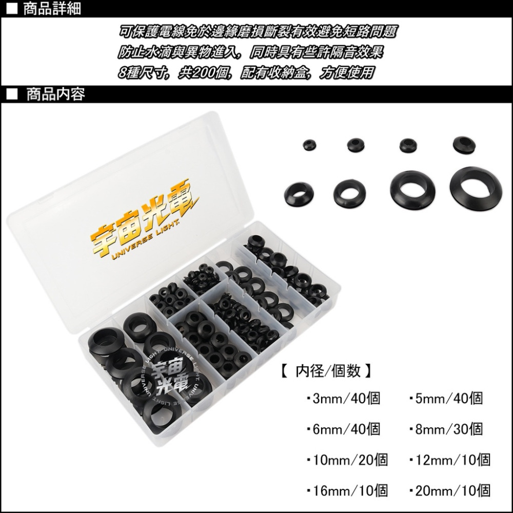200PCS開孔 電線 護線圈 保護圈 保護套 橡膠護線 穿孔護線圈 橡膠護線圈 護線環 配線圈 密封圈 堵線圈-細節圖2