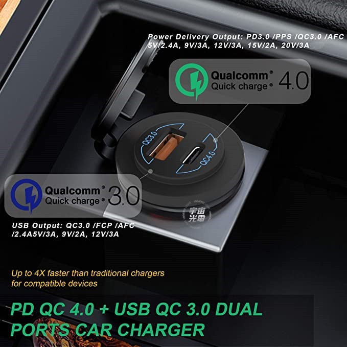 改裝 QC3.0 QC4.0 TYPE-C PD LED 90W USB 充電器 機車 汽車 雙孔 車充 防水 充電-細節圖3