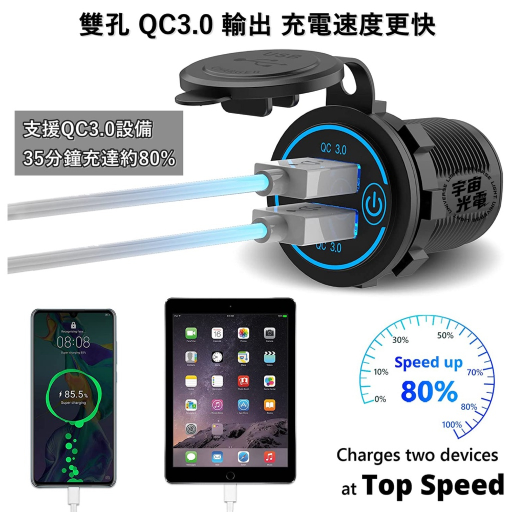 改裝 零件 光圈版 QC3.0 極速 LED(帶開關) USB 充電器 機車 汽車 雙孔 車充 手機 充電 充電座 崁入-細節圖3