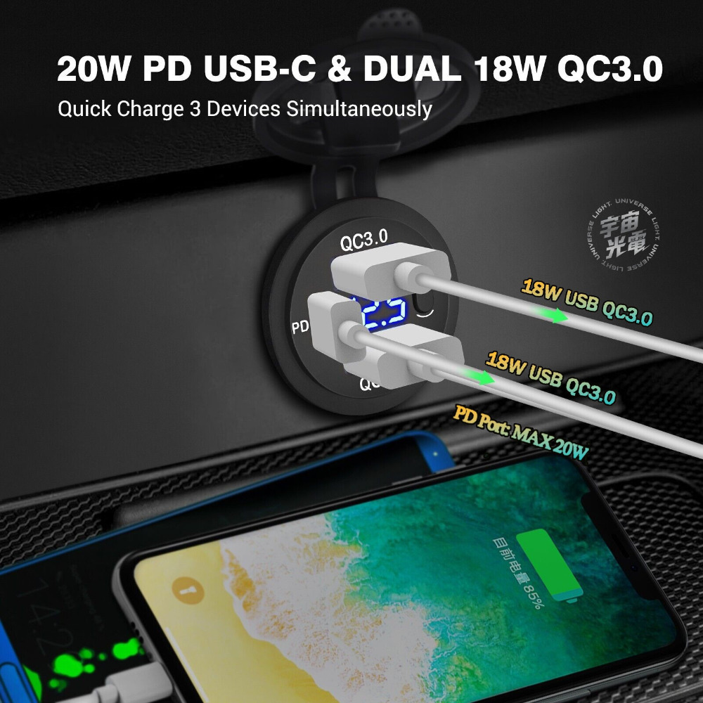 雙 QC3.0+TYPE-C PD 開關 電壓顯示 極速 LED 改裝 USB 充電器 機車 汽車 雙孔 車充 充電-細節圖5