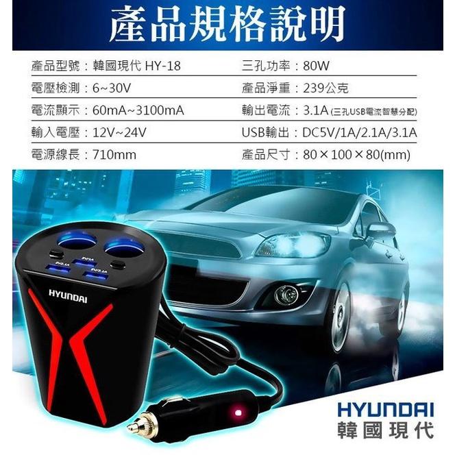 【傻瓜批發】韓國現代HY-18 三USB一分三車充杯架3.1A 12V-24V 電壓檢測 獨立開關 LED 點煙器 板橋-細節圖8