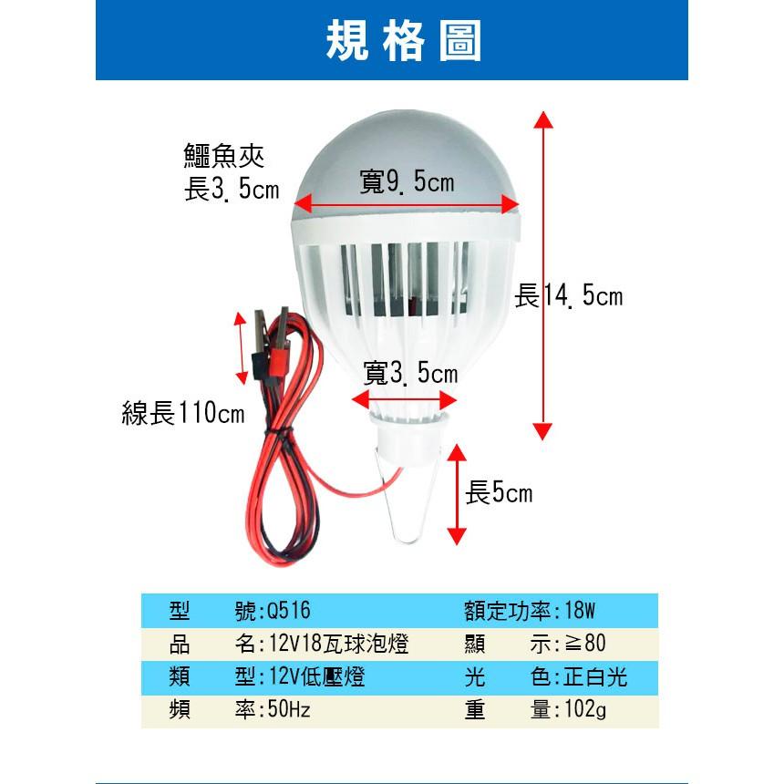 【傻瓜量販】(Q516) 12V18W帶線鱷魚夾子LED燈 18瓦球泡燈 地攤夜市燈 露營燈泡 修車燈釣魚燈 板橋現貨-細節圖2