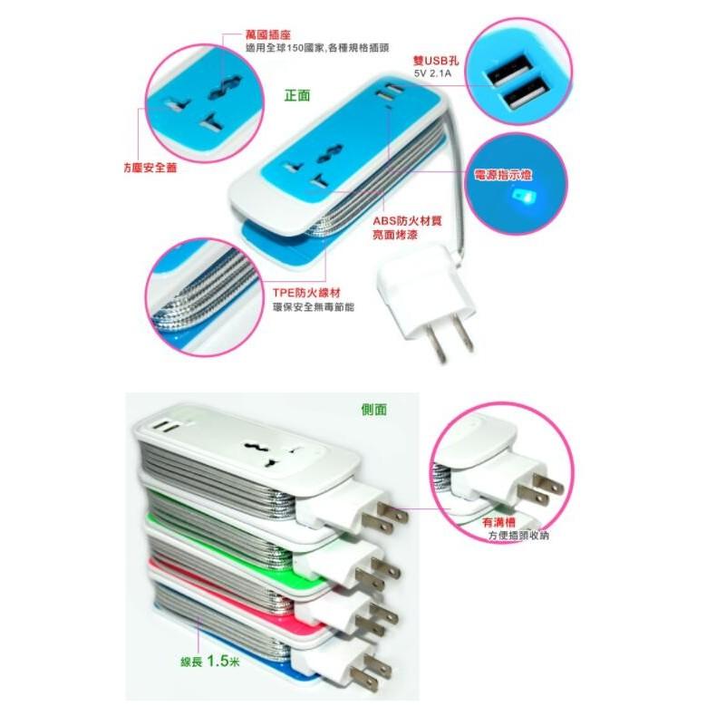 【傻瓜量販】1.5米1分3萬能排插2usb 2.1A 電源延長線插座 萬國轉美規 全球萬用插頭 小米排插可用 板橋可自取-細節圖5