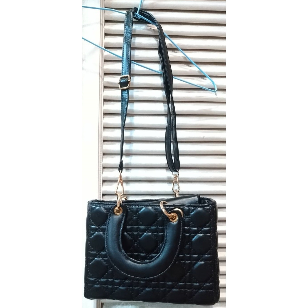 黑色 羊皮 籐格紋 金吊飾 中款 黛妃包 手提包 斜背包-細節圖2