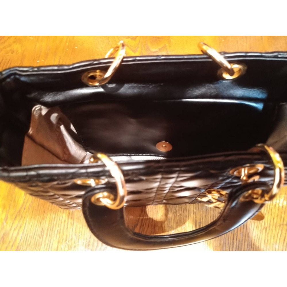 黑色 羊皮 籐格紋 金吊飾 中款 黛妃包 手提包 斜背包-細節圖3