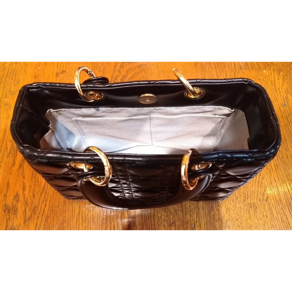 黑色 羊皮 籐格紋 金吊飾 中款 黛妃包 手提包 斜背包-細節圖6