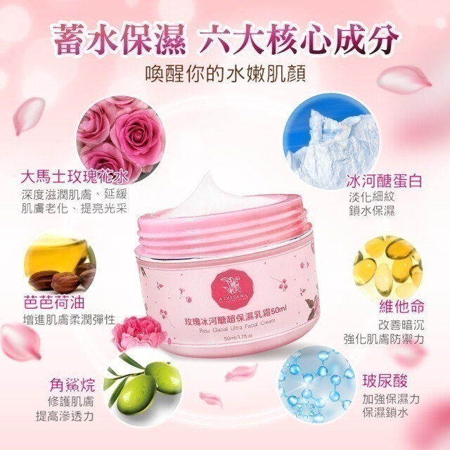 ⚡全民年中慶⚡ALYSSANA 玫瑰 冰河醣 保濕乳霜50ml/瓶 保濕滋潤 不黏 好吸收-細節圖4