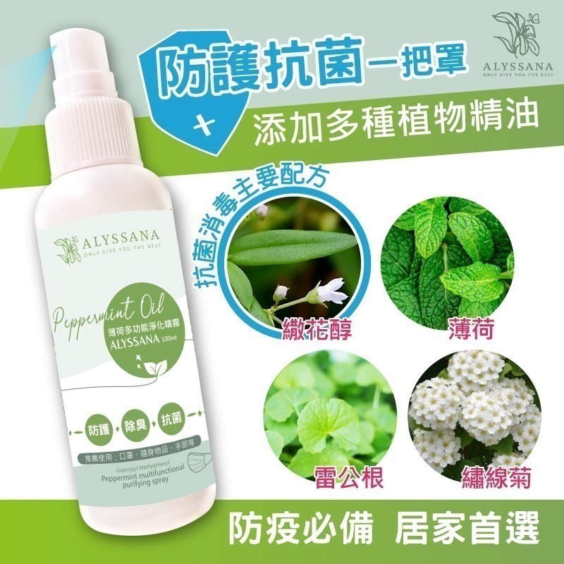 出清【惜福品】ALYSSANA薄荷多功能口罩淨化噴霧100ml｜核准抗菌成份 短效期：2024/06/15-細節圖2