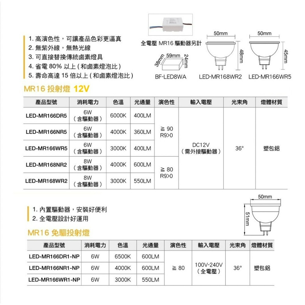 含稅 DANCELIGHT 舞光 LED MR16 6W/8W 12V ; 6W免安定器 杯燈 (黃光/自然光/白光)-細節圖5