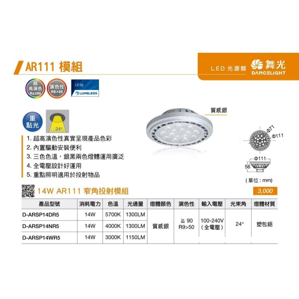 含稅 DANCELIGHT 舞光 高演色AR111 免驅投射燈 9W/14W(黃光/自然光/白光)窄角/廣角 全電壓-規格圖4