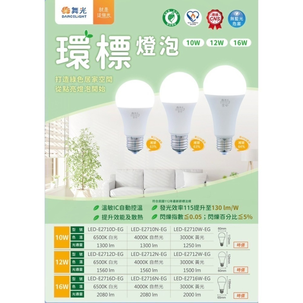 含稅 DANCELIGHT 舞光 E27 節能標章 超高光效 燈泡 10W/12W/16W(黃光/自然光/白光) 全電壓-細節圖2