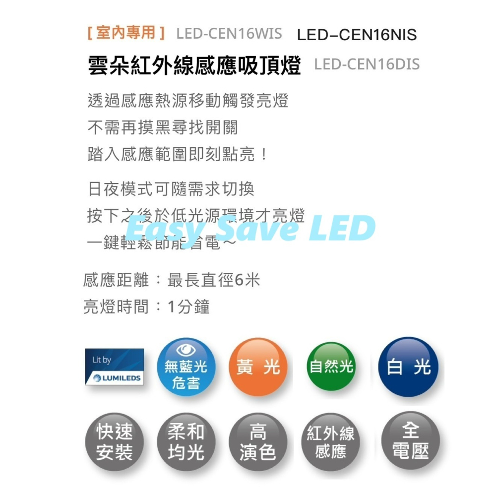 含稅 DANCELIGHT 舞光 LED 雲朵紅外線感應吸頂燈 可切換日夜模式 16W(黃光/自然光/白光) 全電壓-細節圖8