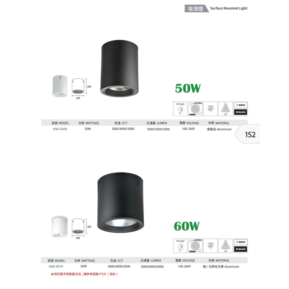 含稅 KAOS LED 高演色性Ra90 COB 吸頂筒燈 12/20/30/40/50/60W(黃光/自然光/柔白光)-細節圖2