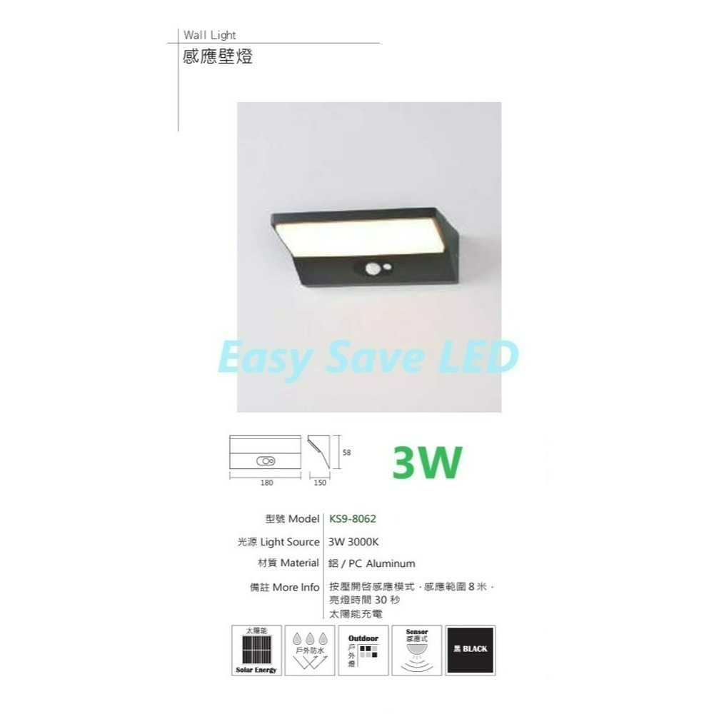 含稅 KAOS LED 防潮 防潑水 戶外 感應壁燈 3W/9W/12W 3000K黃光 全電壓-細節圖2