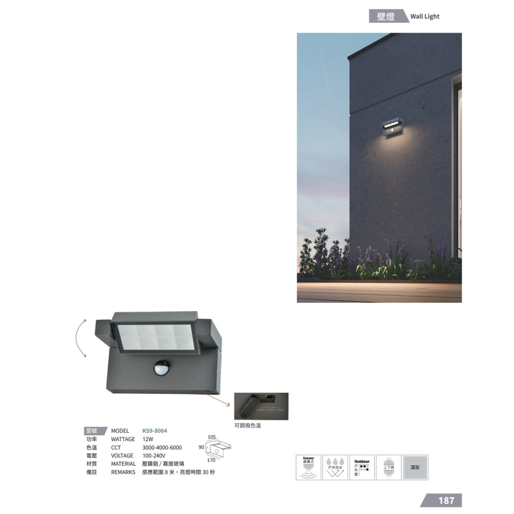 含稅 KAOS LED 防潮 防潑水 戶外 感應壁燈 3W/9W/12W 3000K黃光 全電壓-細節圖5