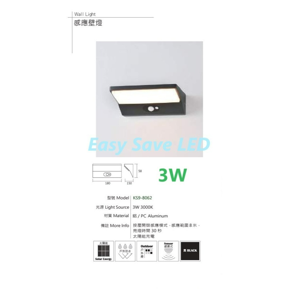 含稅 KAOS LED 防潮 防潑水 戶外 感應壁燈 3W/9W/12W 3000K黃光 全電壓-規格圖5