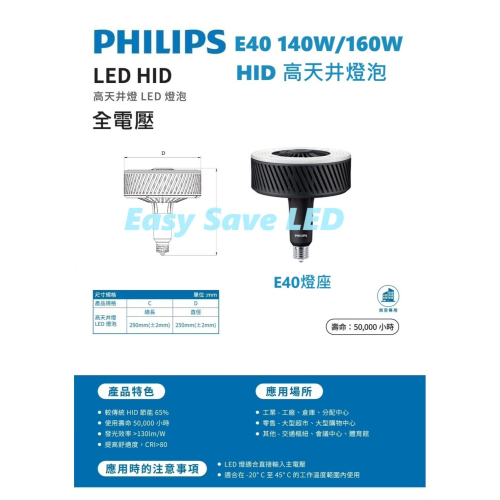 含稅 PHILIPS 飛利浦 LED 室內用 E40 商空 高天井燈 140W/160W (自然光/白光) 全電壓