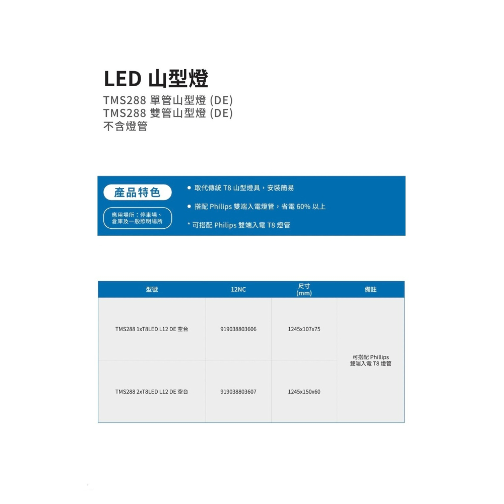 含稅 PHILIPS 飛利浦 LED 山型燈具4呎 TMS288 單管/雙管 (黃光/自然光/白光/空台)全電壓-細節圖2
