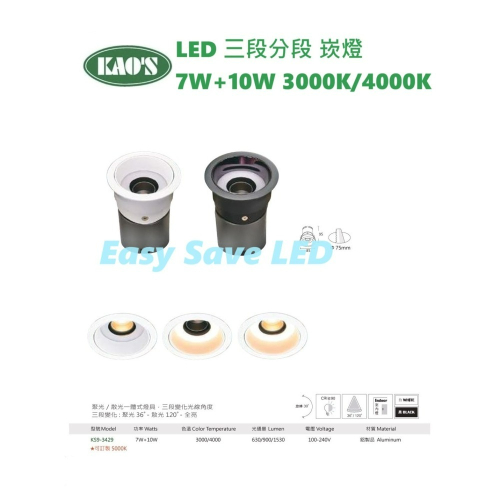 含稅 KAOS LED 三段分段 可轉角 崁燈 7.5cm 7W+10W (黃光/自然光) 全電壓