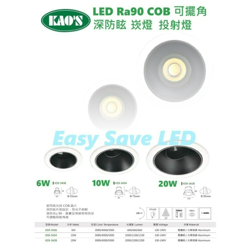 含稅 KAOS Ra90 COB 深防眩崁燈 可轉角 5.5cm/7.5cm/9.5cm 6W/10W/20W 全電壓