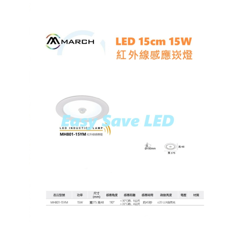 含稅 MARCH LED 紅外線感應崁燈 15cm 15W (3000K/6000K) 全電壓