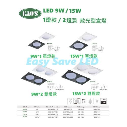 含稅 KAOS LED 散光型 崁入式盒燈 9W/15W 單燈/雙燈 (黃光/自然光/白光) 全電壓