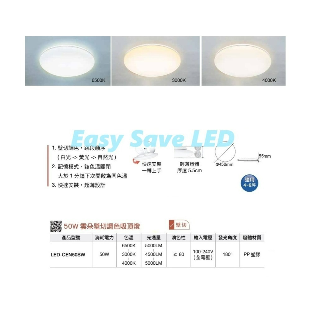 含稅 DANCELIGHT 舞光 LED 雲朵 三段壁切調色 吸頂燈 50W (白光-黃光-自然光三色切換) 全電壓-細節圖2