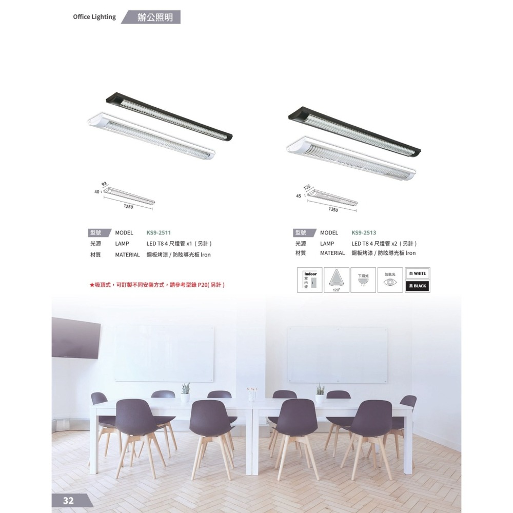 含稅 KAOS LED 格柵 T8 燈管式燈具 4尺 單管/雙管 白殼/黑殼 可換燈管 長形燈具 辦公室燈 吸頂式-細節圖2