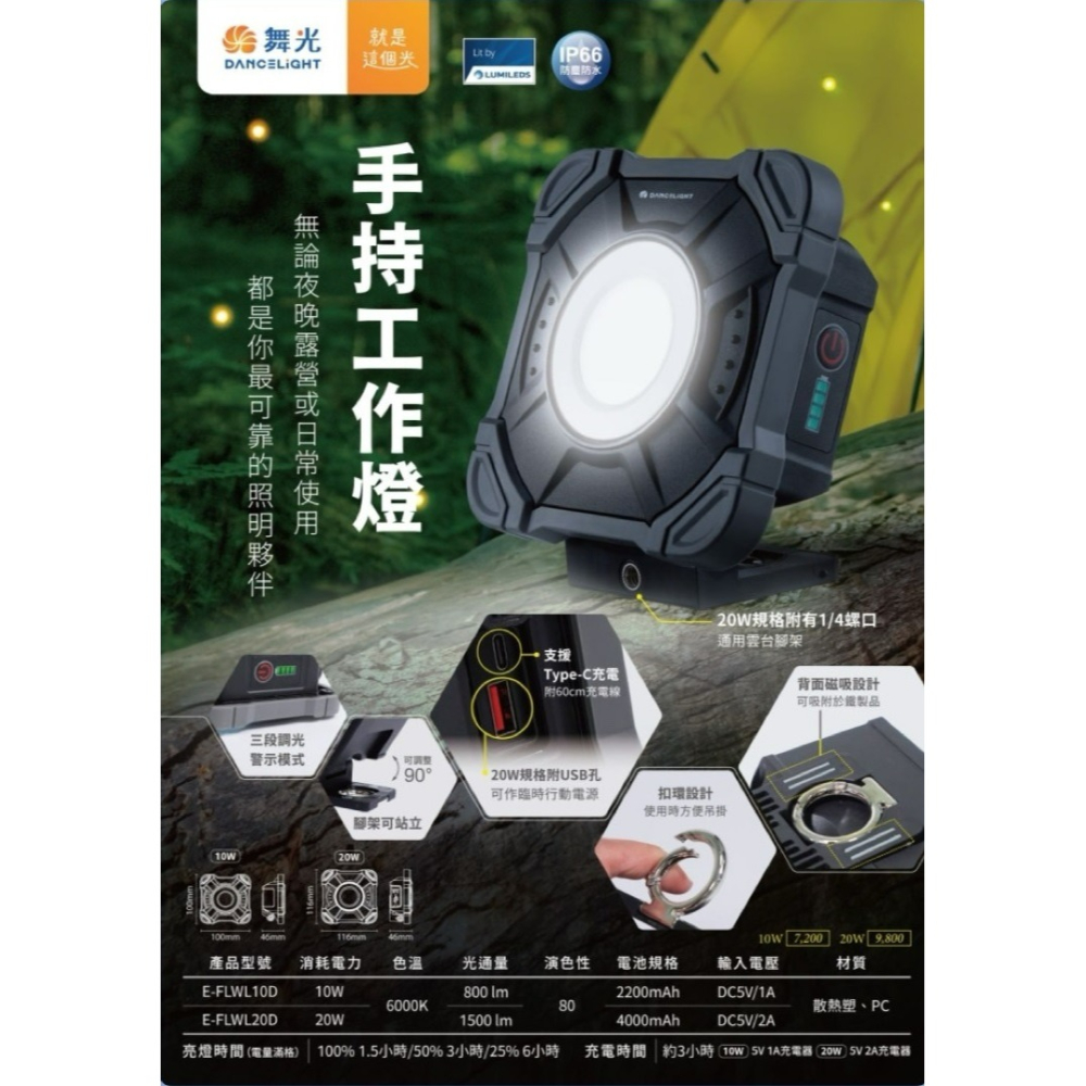 含稅 DANCELIGHT 舞光 LED 戶外防水 10W/20W 白光 手持工作燈/三段式亮度調整-可做行動電源使用-細節圖3