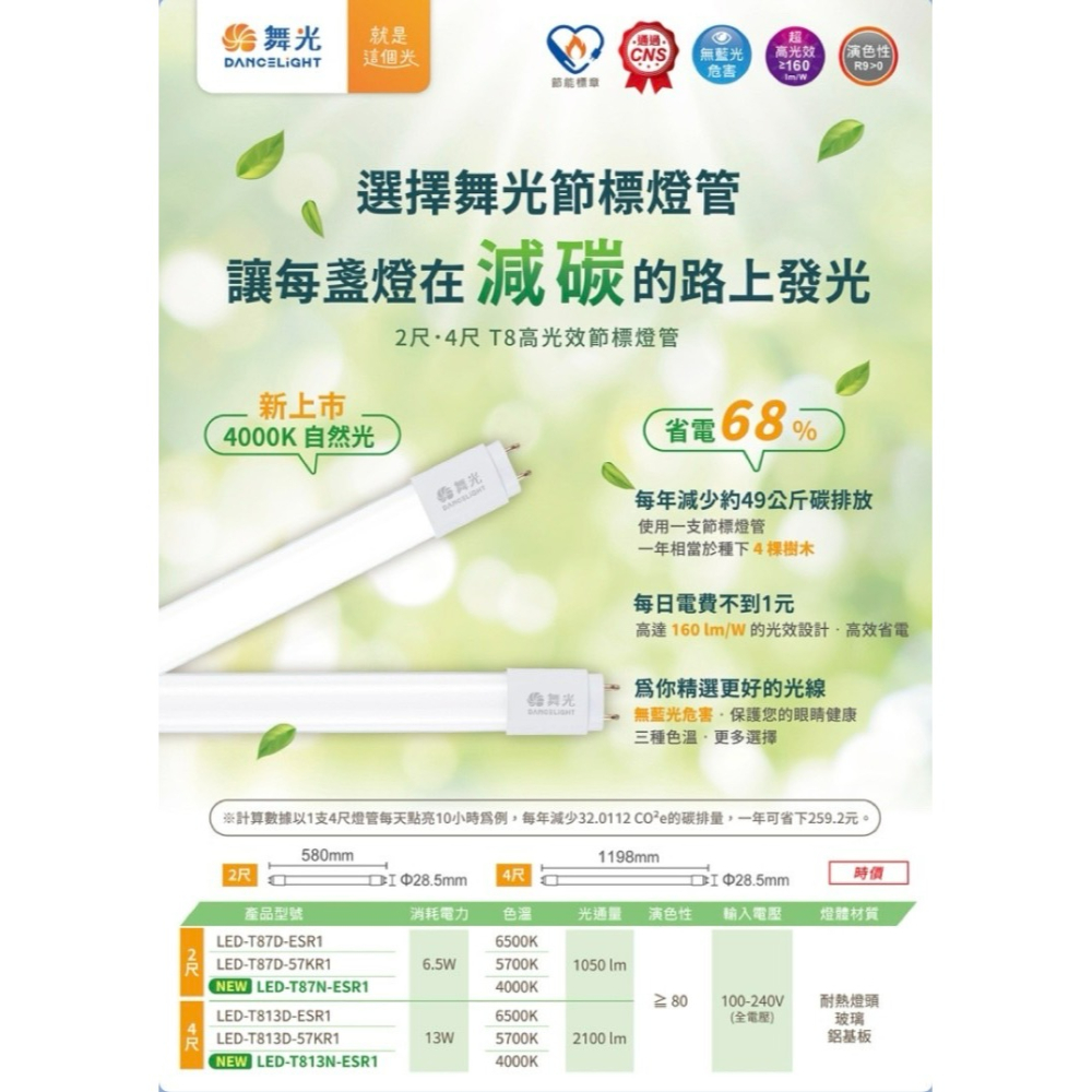 含稅 DANCELIGHT 舞光 LED T8 高光效 節能標章 燈管 2尺 6.5W、4尺 13W 雙邊入電 全電壓-細節圖4