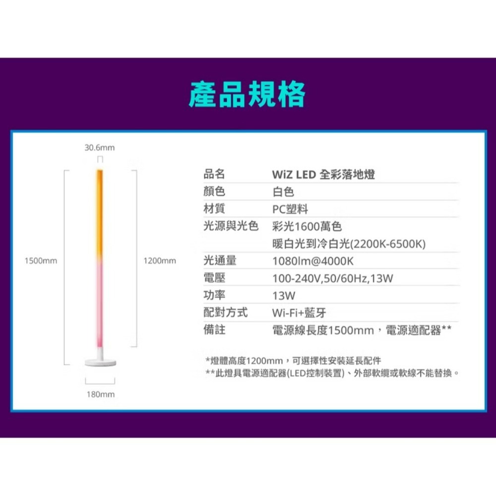 含稅 PHILIPS 飛利浦 WiZ LED全彩落地燈 / 立燈 (PW016) 全電壓-細節圖11