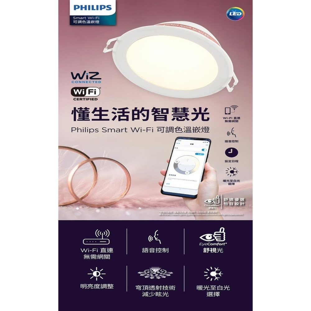 含稅 Philips 飛利浦 Wi-Fi WiZ 智慧照明 可調色溫崁燈 嵌燈 9cm / 15cm-細節圖2