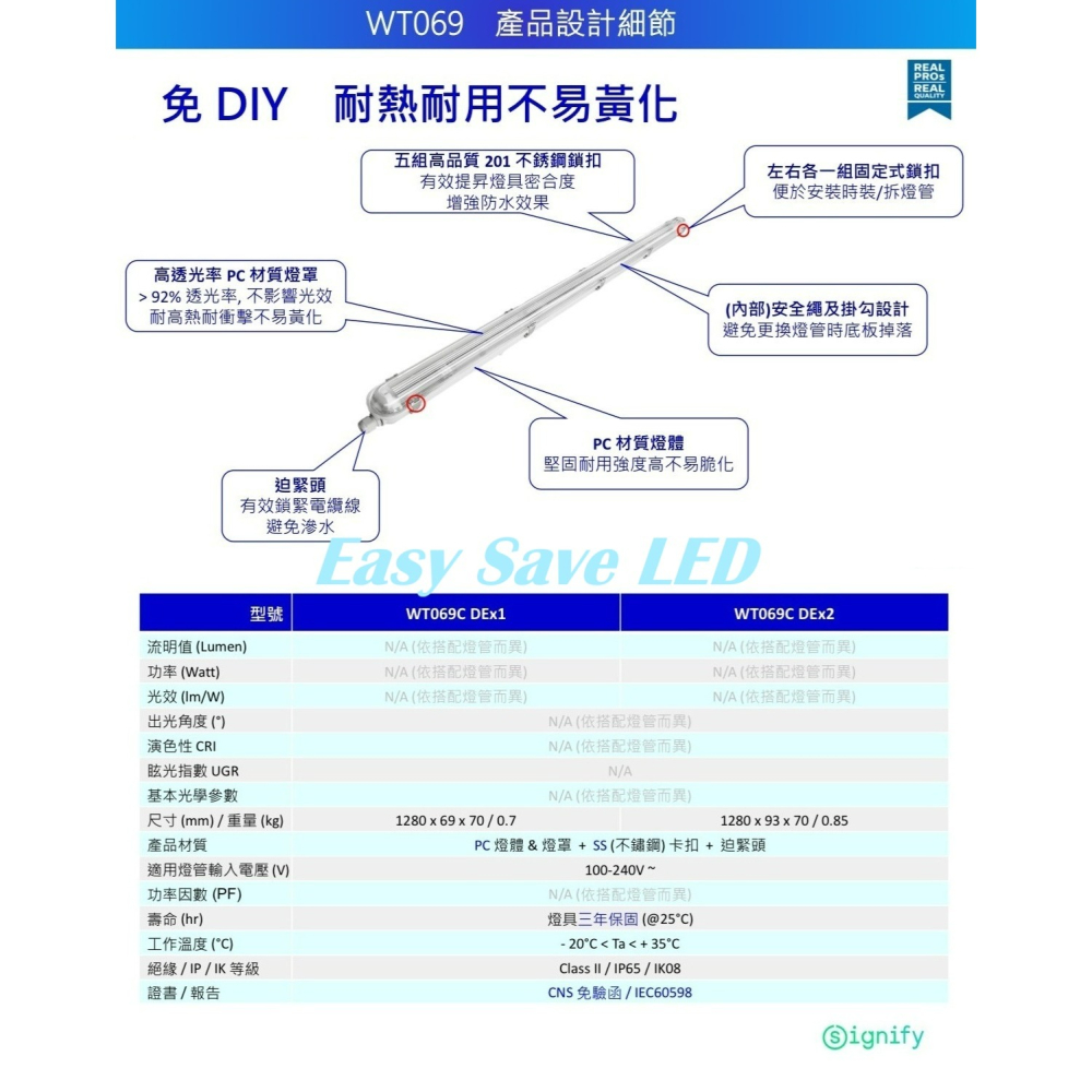 含稅 Philips 飛利浦 WT069C 燈管式 戶外防水燈具 防潮燈具 IP65 防水防塵 光源另計 單管 雙管-細節圖2