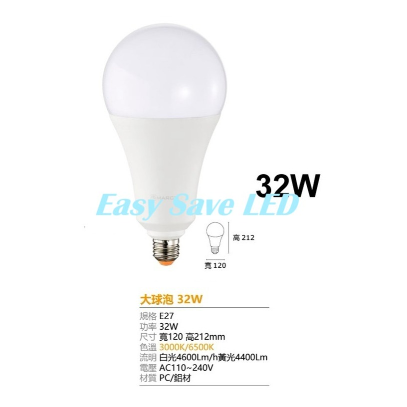 含稅 MARCH LED E27 高瓦數 大燈泡 球泡燈 20W/32W/40W/80W/100W 黃光/白光 全電壓-規格圖5