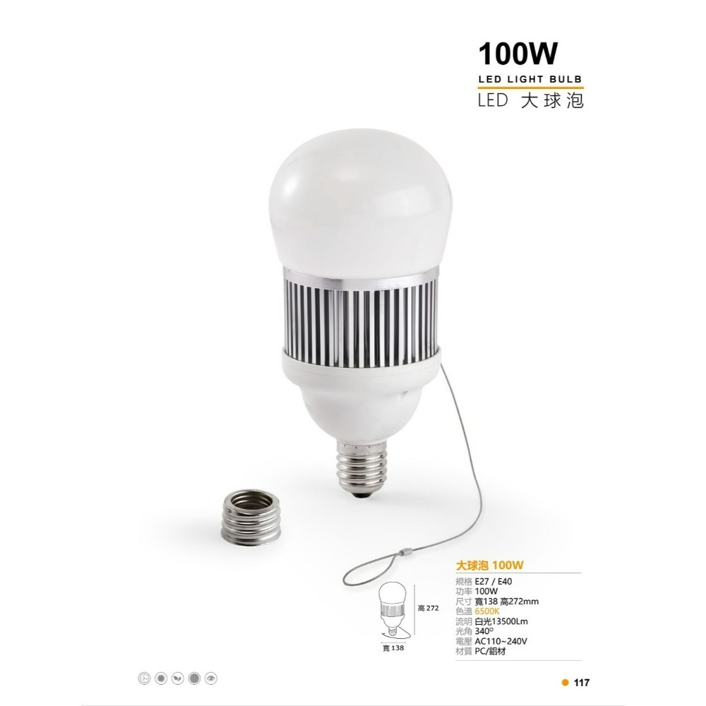 含稅 MARCH LED E27 高瓦數 大燈泡 球泡燈 20W/32W/40W/80W/100W 黃光/白光 全電壓-規格圖5
